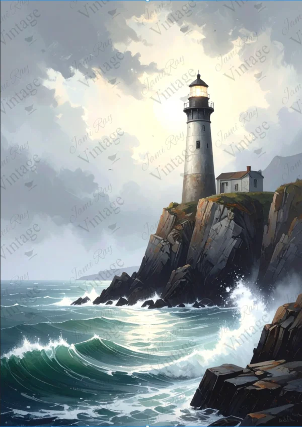 lighthouse on the rocks | jrv rice paper | A4